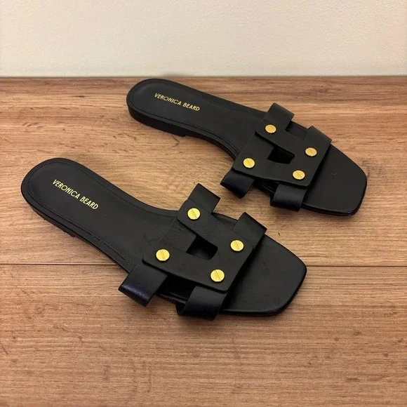 VERONICA BEARD Womens Via Slide Sandal Size 7.5 Black Leather Studded Designer - Picture 3 of 12